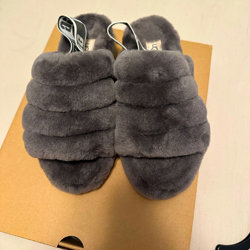 UGG Fluff Yeah Slide Slippers Gray Shearling Sandals